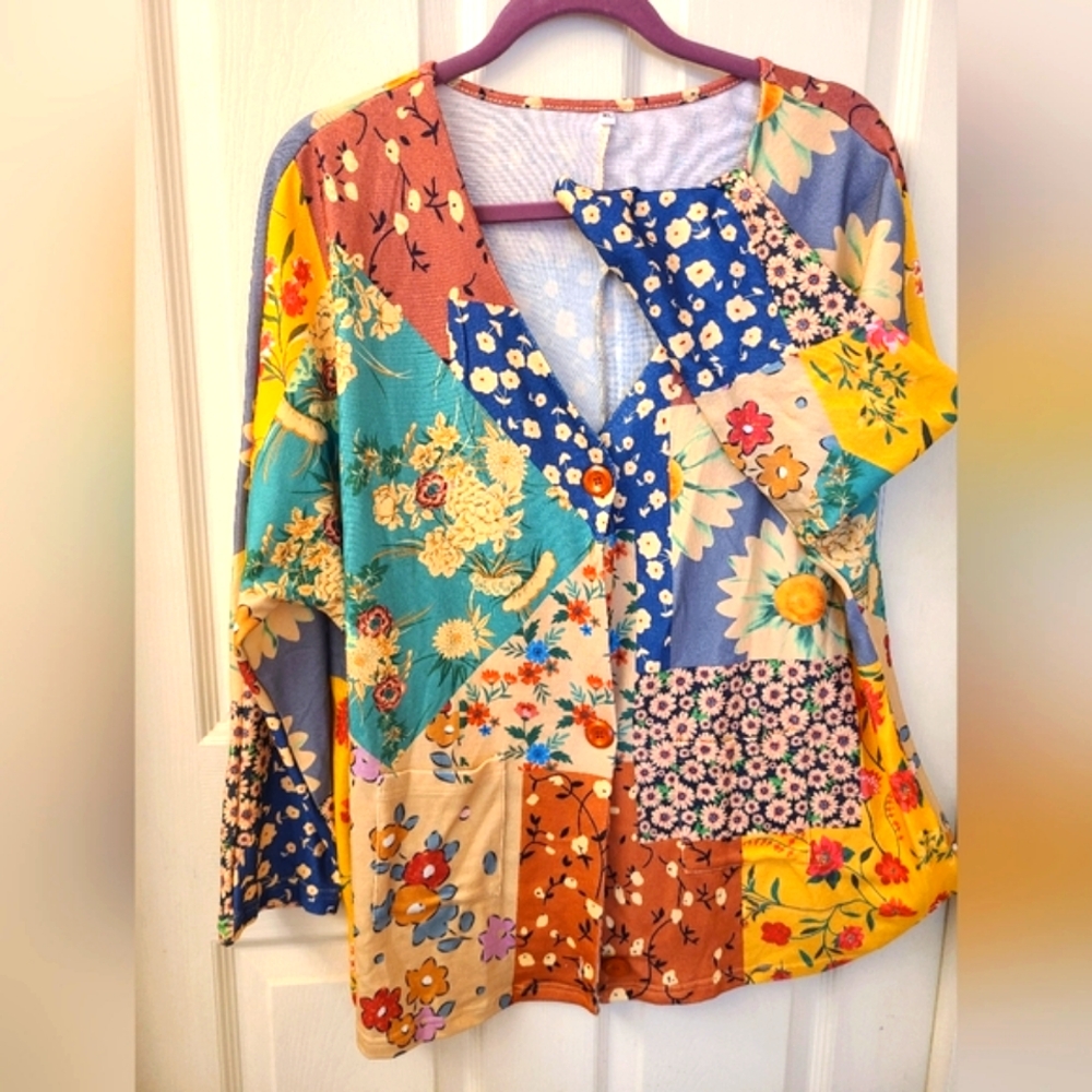 Boho Top with Bright Patchwork Colors XL - NWOT